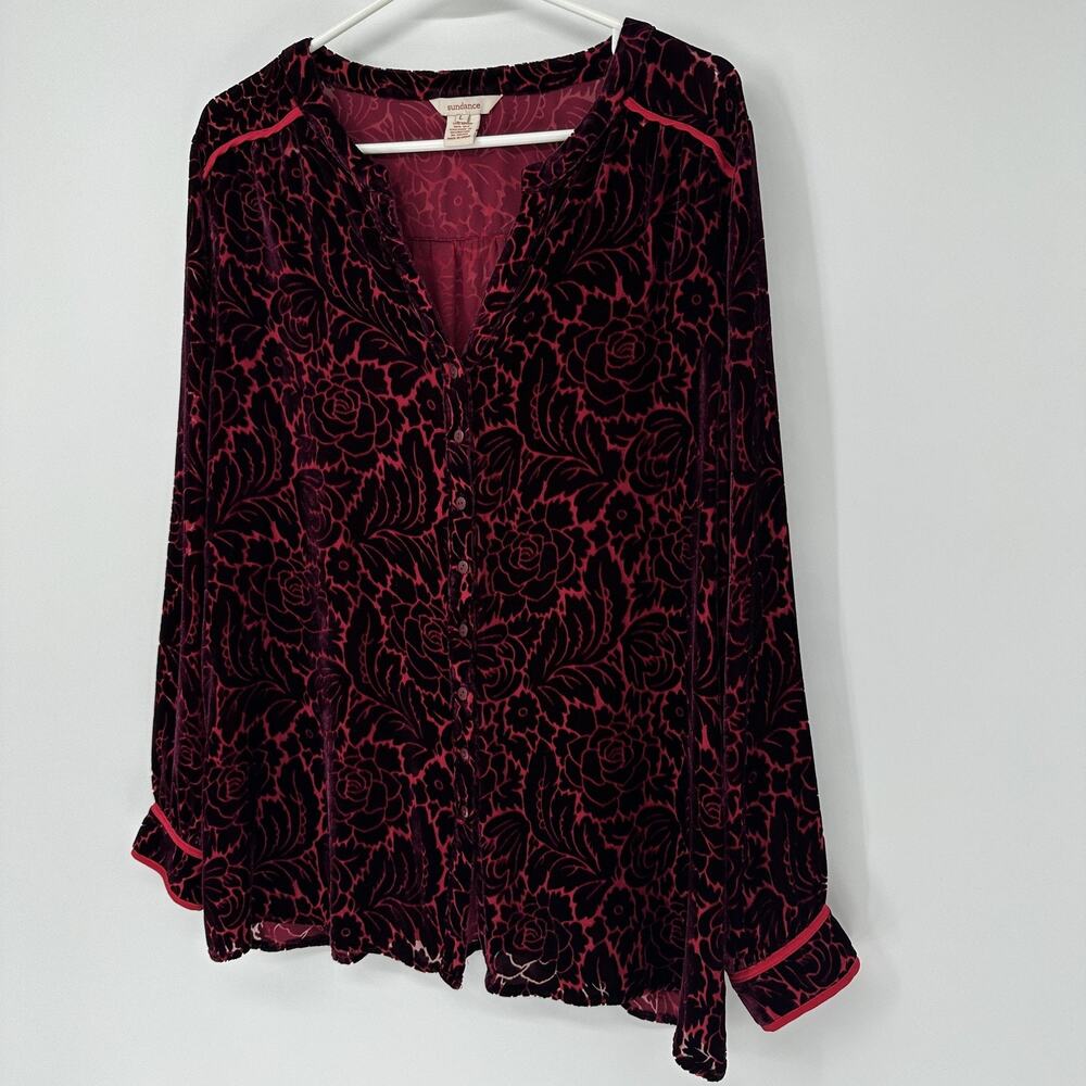 Sundance Shirt Womens Large Red Floral Burnout Velvet Button Front Tunic Top - Picture 5 of 9